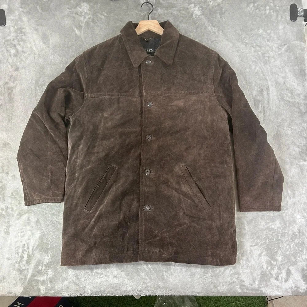 J.Crew Coat Mens Medium Brown Suede Leather Overcoat Wool Lined Single Breasted